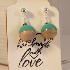 Wood and Sea Green Resin Drop Earrings Unique Boho Statement Pierced Earrings
